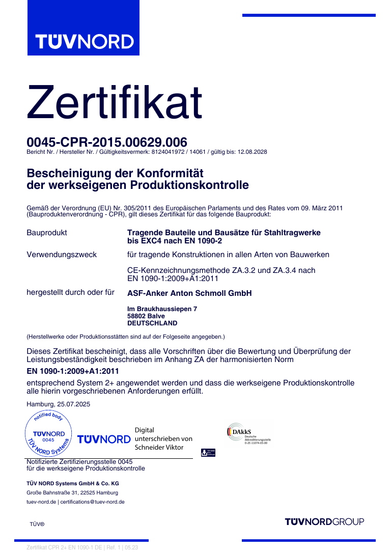 EN-1090-1:2009 + A1:2011  Assessment and verification of constancy of performance of steel components and aluminium components for structural use since 2014