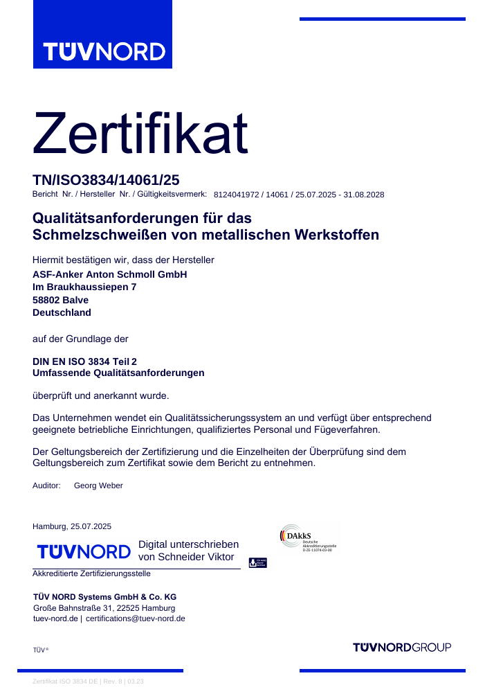 DIN EN ISO 3834-2 Quality requirements for fusion welding of metallic materials since 2015