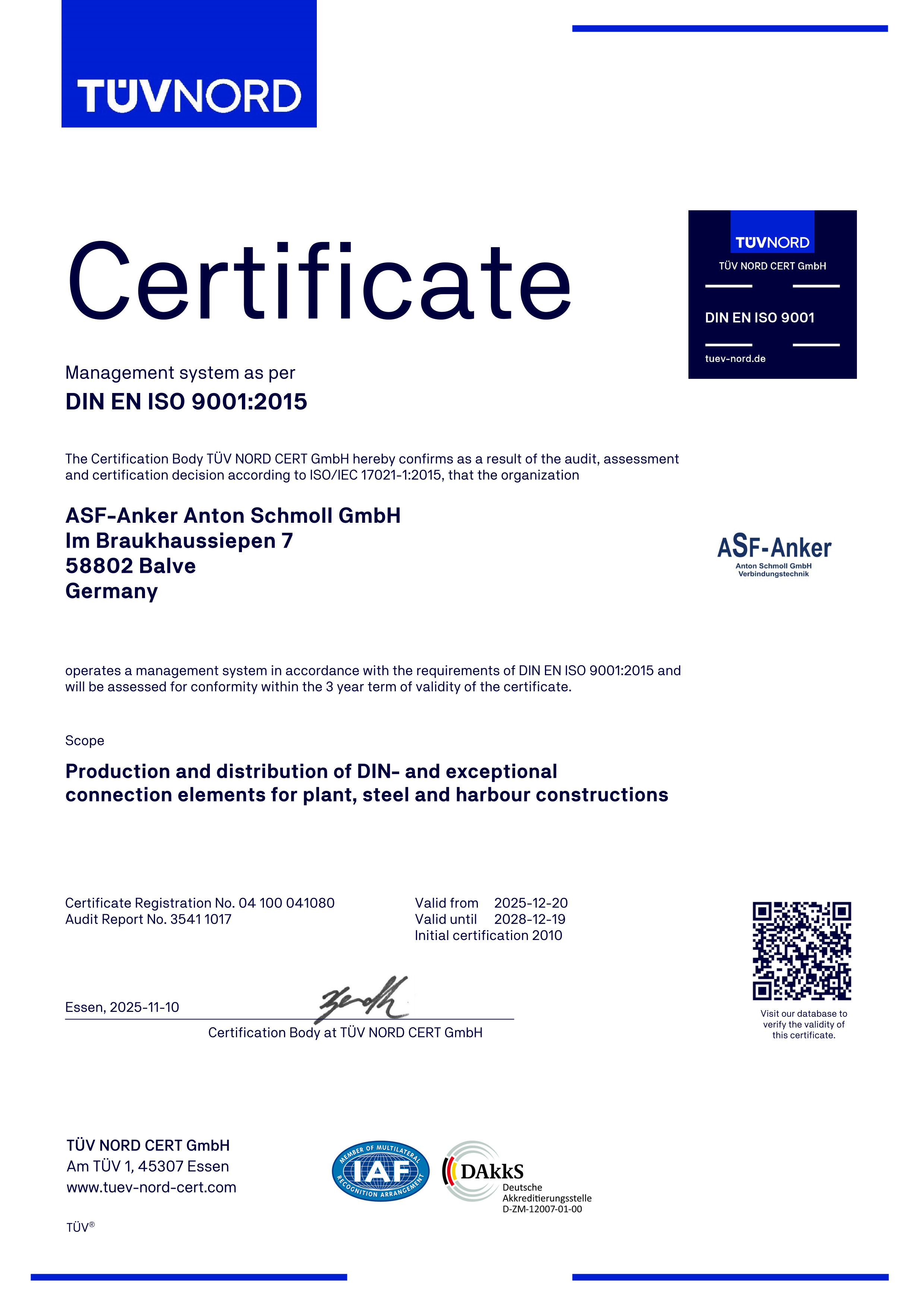 DIN EN ISO 9001:2015 Quality management system since 1998