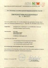 Разрешение маркировки (знаком Ü) для большей части выпускаемой продукции (соединительные элементы) (с 2001 г. // MPA NRW)