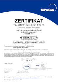AD-2000-Merkblatt W0 Material manufacturer since 2011